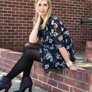 CAbi Pirouette Floral Chiffon Ruffled Hem Green Teal Dress #3460, Size Large